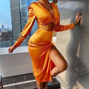 Neck Twist Front Cut Split Thigh Satin Dress